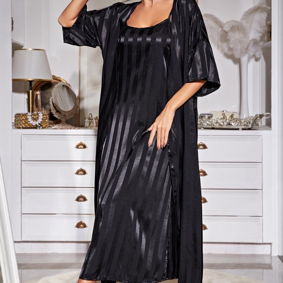 Striped Flounce Sleeve Open Front Robe and Cami Dress Set - Picture 4 of 11